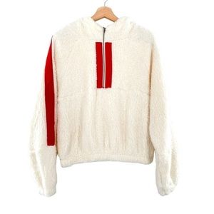 BP. Womens Teddy Plush Fleece Hooded Pullover Ivory/Red Stripe 1/2 Zip